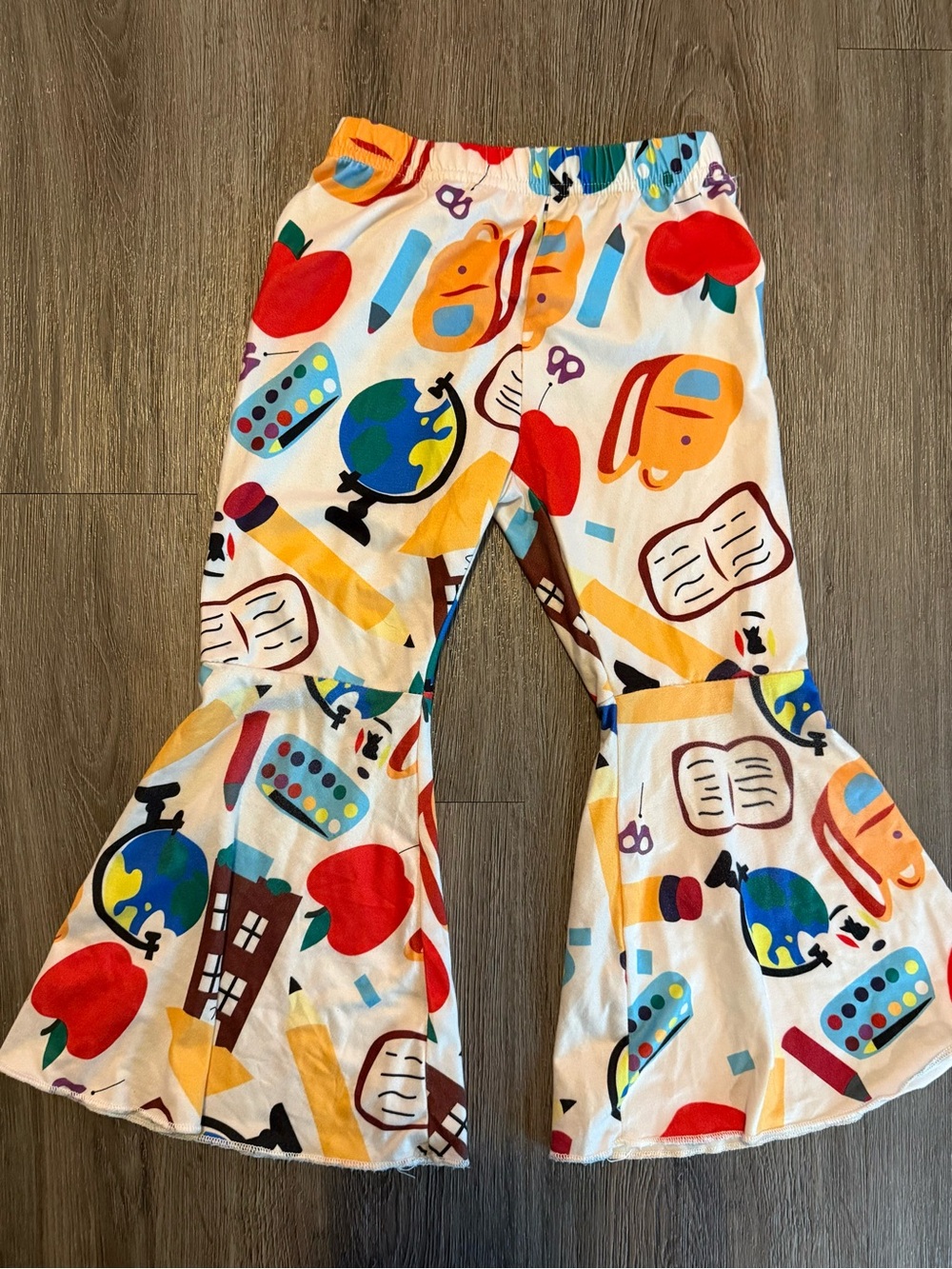 SHEIN White Bell-Bottom Skirted Pants with Colorful School Print